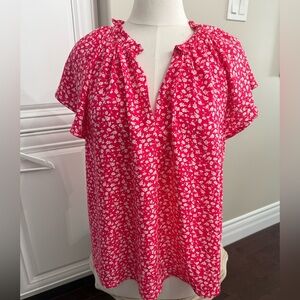 Gap Women’s Size Large Flutter Sleeve Fuchsia w/Tiny White Flowers V-Neck Blouse